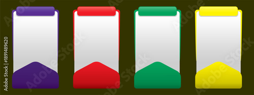 Set of four vibrant blank vertical banner templates in purple red green and yellow with ample copy space for website landing pages business presentations or infographic design flat vector illustration