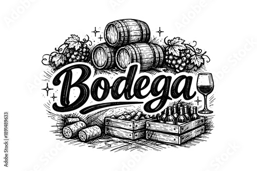 Vintage wine cellar design with barrels, grapes, and bottles