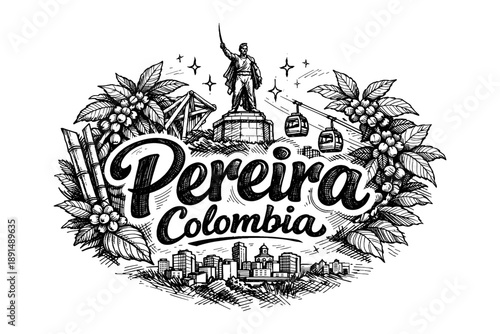 Pereira colombia hand drawn design with landmark and coffee elements