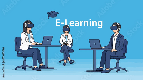 People participating in an online e-learning course from different locations in a modern virtual reality setting viewed from the side
