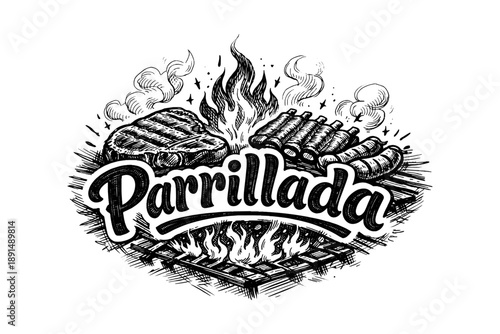 Vintage grill design with steak and ribs over an open fire