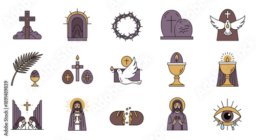 Vector icons illustrating the Christian celebration of Easter and Holy Week