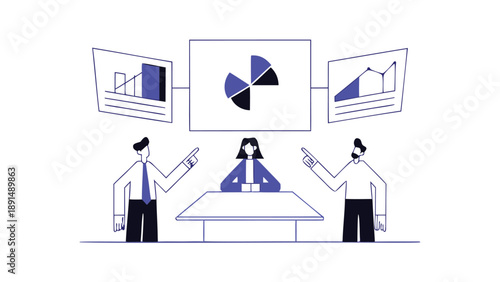 Four professionals in a meeting with charts and graphs on screens discussing business strategy and data analysis in a modern office