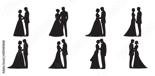 Bridal party silhouette set featuring various romantic poses for wedding day graphics