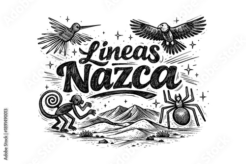 Nazca lines art: intricate hummingbird, condor, monkey, spider, and hill motifs in blackwork style