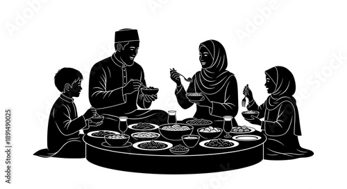 Family Dinner: Silhouette of People Eating Together at a Table in Middle Eastern Style