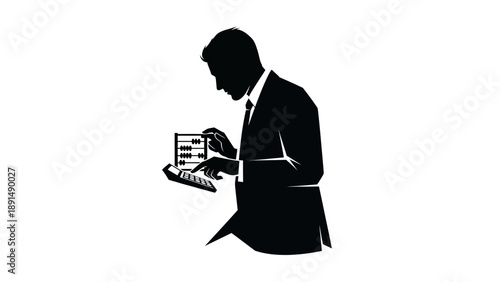 Silhouette of a businessman using an abacus for calculations.