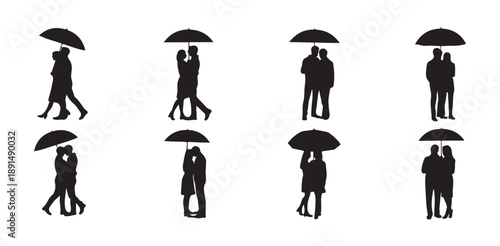 Set of couple under umbrella silhouettes. romantic moments in rain, vector illustration