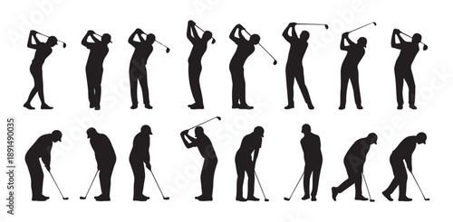 Set of golfers silhouettes. male and female golfers swinging golf sticks, vector illustration