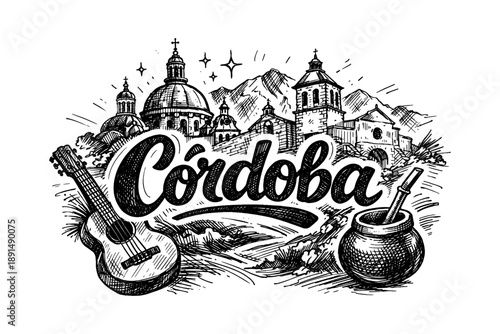 Cordoba cityscape with landmarks, guitar, and mate in vintage style