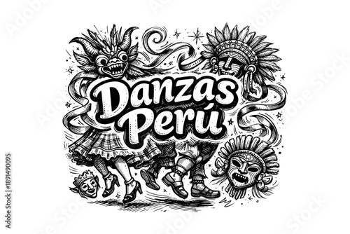 Traditional peruvian dance with intricate hand drawn details