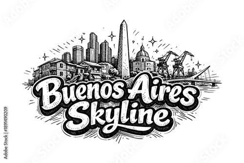 Buenos aires skyline sketch: iconic landmarks in detailed ink art style