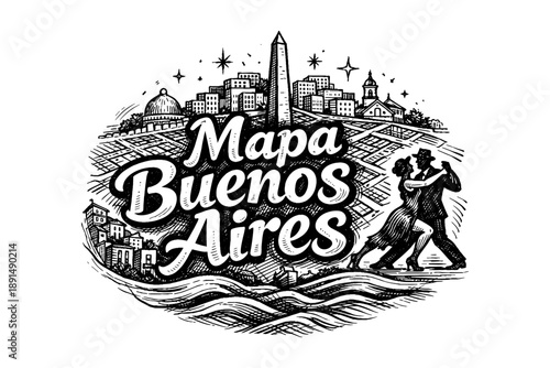 Detailed hand-drawn map of buenos aires with tango dancers and cityscape