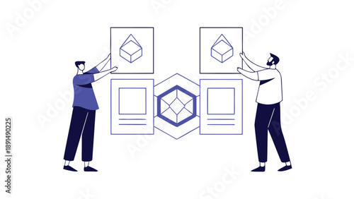 Two managers collaborating on a project holding up presentation slides with 3d cube graphics flat illustration style professional teamwork concept
