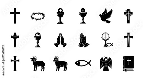 Christian Symbols Collage: A Spiritual Collection of Religious Iconography in Black