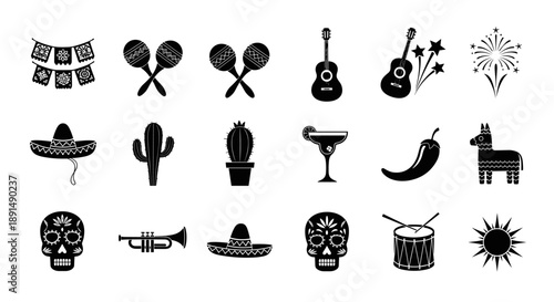 Cinco De Mayo Black and White Silhouette Icons Celebrating Mexican Holiday Festivities