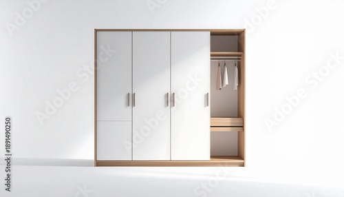 Wallpaper Mural Modern wooden wardrobe with white doors and an open section with clothes hanging on a rail. Minimalist bedroom closet furniture for interior design, isolated on a clean white background. Torontodigital.ca