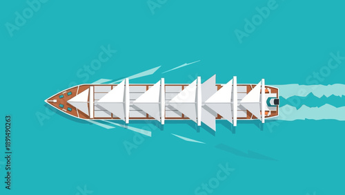 Modern cargo ship sailing rapidly across the ocean viewed from above with multiple white sails unfurled