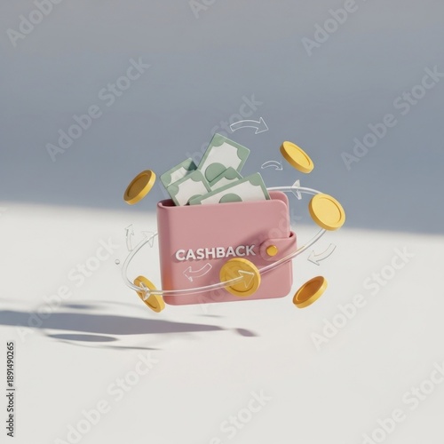Stylized cashback Pink wallet with floating cash and coins