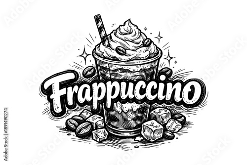 Hand drawn coffee frappuccino with whipped cream and ice cubes