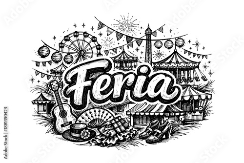 Vibrant fairground scene with ferris wheel and traditional festivities