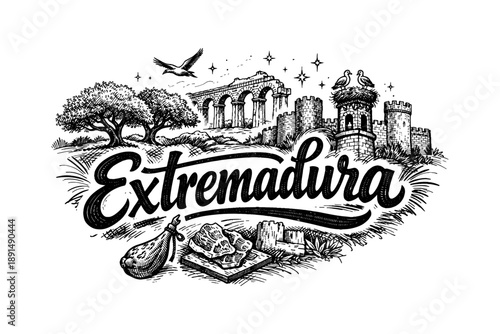 Extremadura heritage: black and white hand drawn design with iconic landmarks and nature