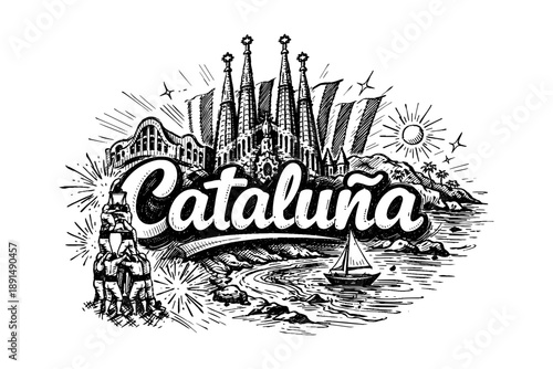 Cataluña hand drawn art with landmark skyline and coastal scene