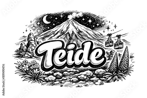 Teide mountain at night with cable cars, moon, and stars in vintage ink style