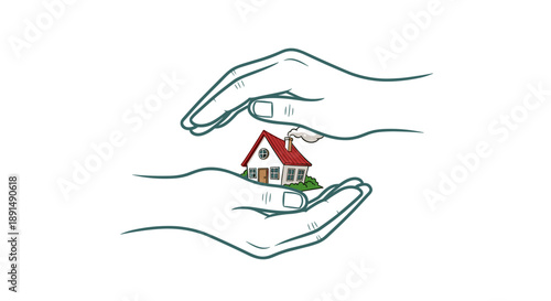 Hands Protecting a Tiny House: Symbol of Security Care and Home Ownership Concept