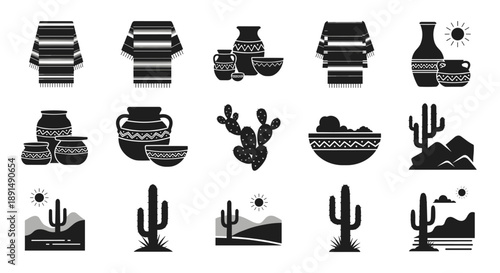 Desert Culture Icons: A Collection of Vector Silhouettes Depicting Southwestern Lifestyle