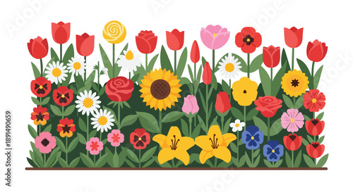 A delightful horizontal border of diverse blooming flowers creating a cheerful garden display