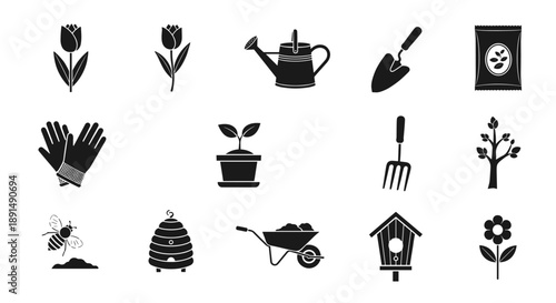 Gardening Icons: Black and White Springtime Elements for Garden Projects and Designs