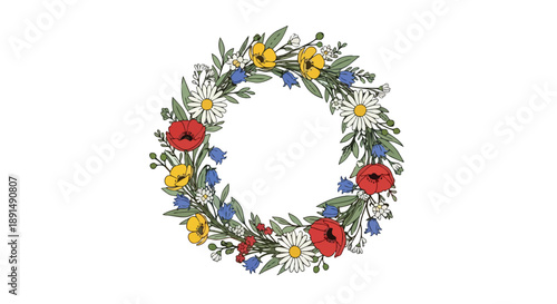 A vibrant circular arrangement of diverse wildflowers and lush green leaves, celebrating the freshness of spring and summer seasons with colorful