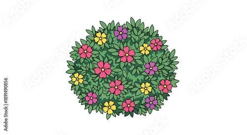 Vibrant floral bush illustration with colorful blooms and lush green foliage