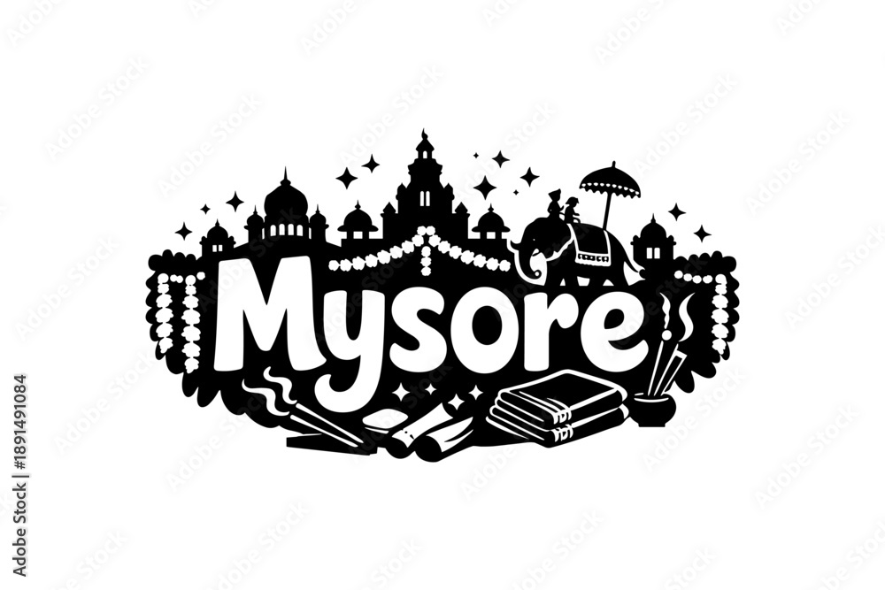 Obraz premium Mysore cityscape silhouette with iconic landmarks and cultural symbols