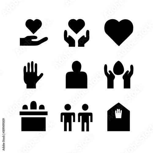 Volunteering icons set, including icons for help and community service, vector