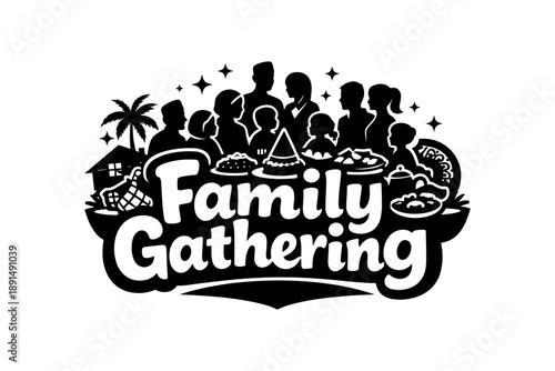Family gathering silhouette with food and palm tree elements