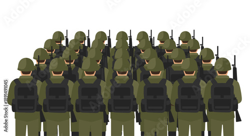 Back View of Soldiers in Full Gear with Backpacks and Rifles Standing in Formation for Military Operation Art