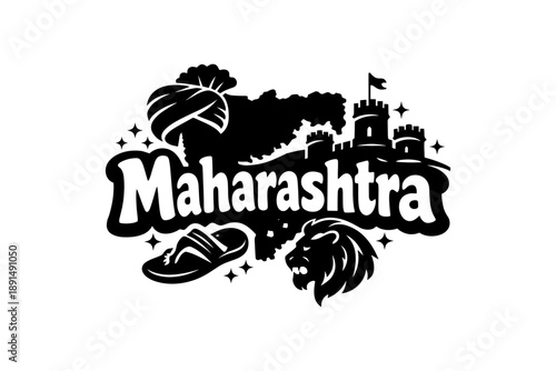 Maharashtra silhouette design featuring map, fort, lion, turban, and traditional footwear