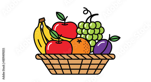 Colorful illustration of fresh, wholesome fruits in a basket. Features yellow bananas, red apples, green grapes, an orange, and a purple plum.