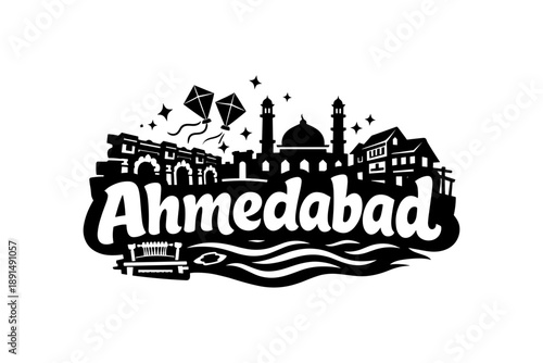 Ahmedabad cityscape with kites and iconic landmarks in silhouette style