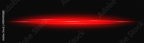 Neon red laser with light beam flare and speed glow for tech digital background. Bright energy ray with shine effect in black space. Abstract horizontal vector line transparent overlay