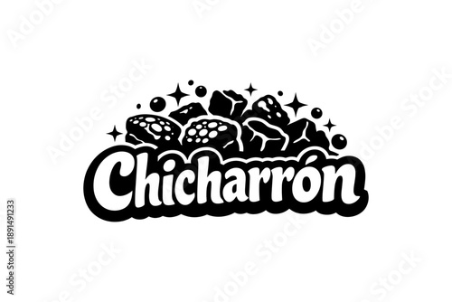Monochrome chicharrón design with sparkles and text overlay