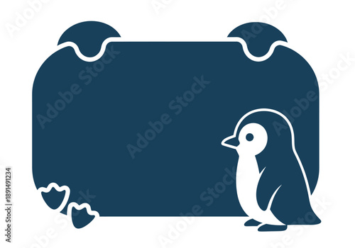 Penguin standing near a dark blue text box