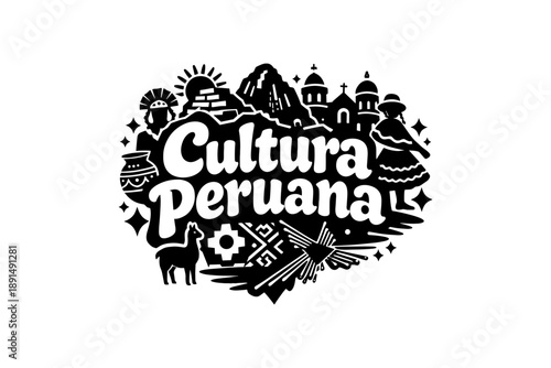 Peruvian culture black and white design with icons of machu picchu and traditional elements