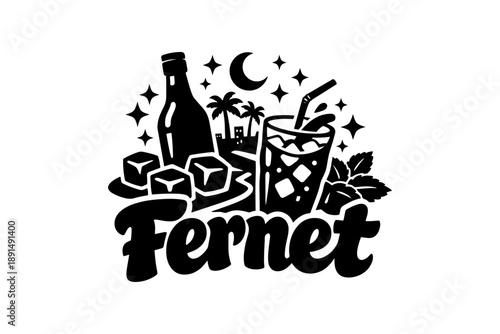 Fernet drink silhouette with ice, mint, and tropical landscape in black and white