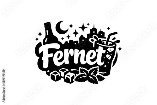 Fernet nightlife silhouette with cityscape, bottle, and cocktail icons
