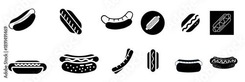 Collection of various hot dog icons and symbols, simple black and white graphic design elements, isolated on transparent background