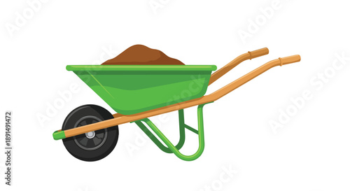 Vibrantly colored green wheelbarrow carrying fertile brown soil, ready for gardening tasks or light construction work