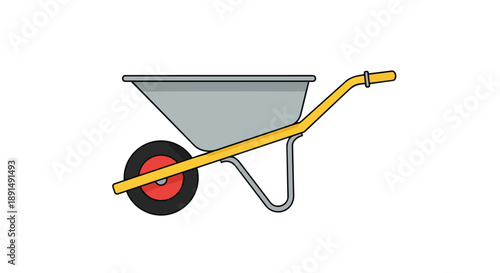 A clear, distinctive vector graphic illustrating a robust single-wheel barrow. Essential for transporting materials in gardening, construction, or